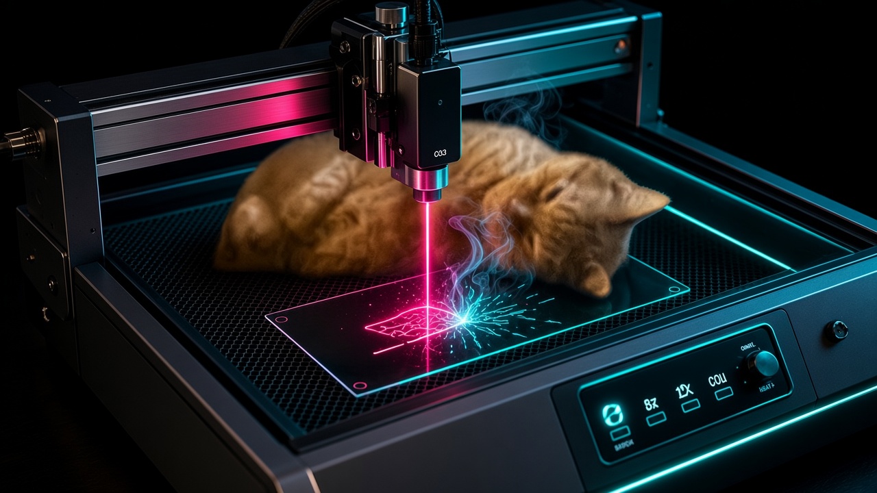 An orange tabby cat asleep on a laser etching bed while the beam traces a glowing line