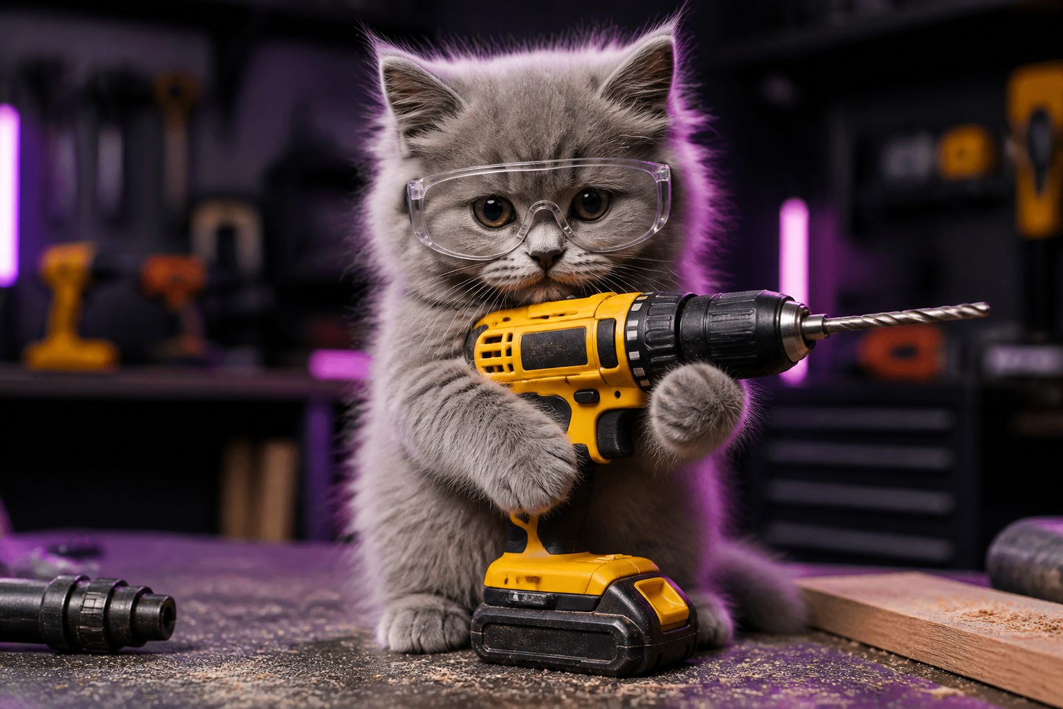 A gray kitten in safety goggles holding a cordless drill