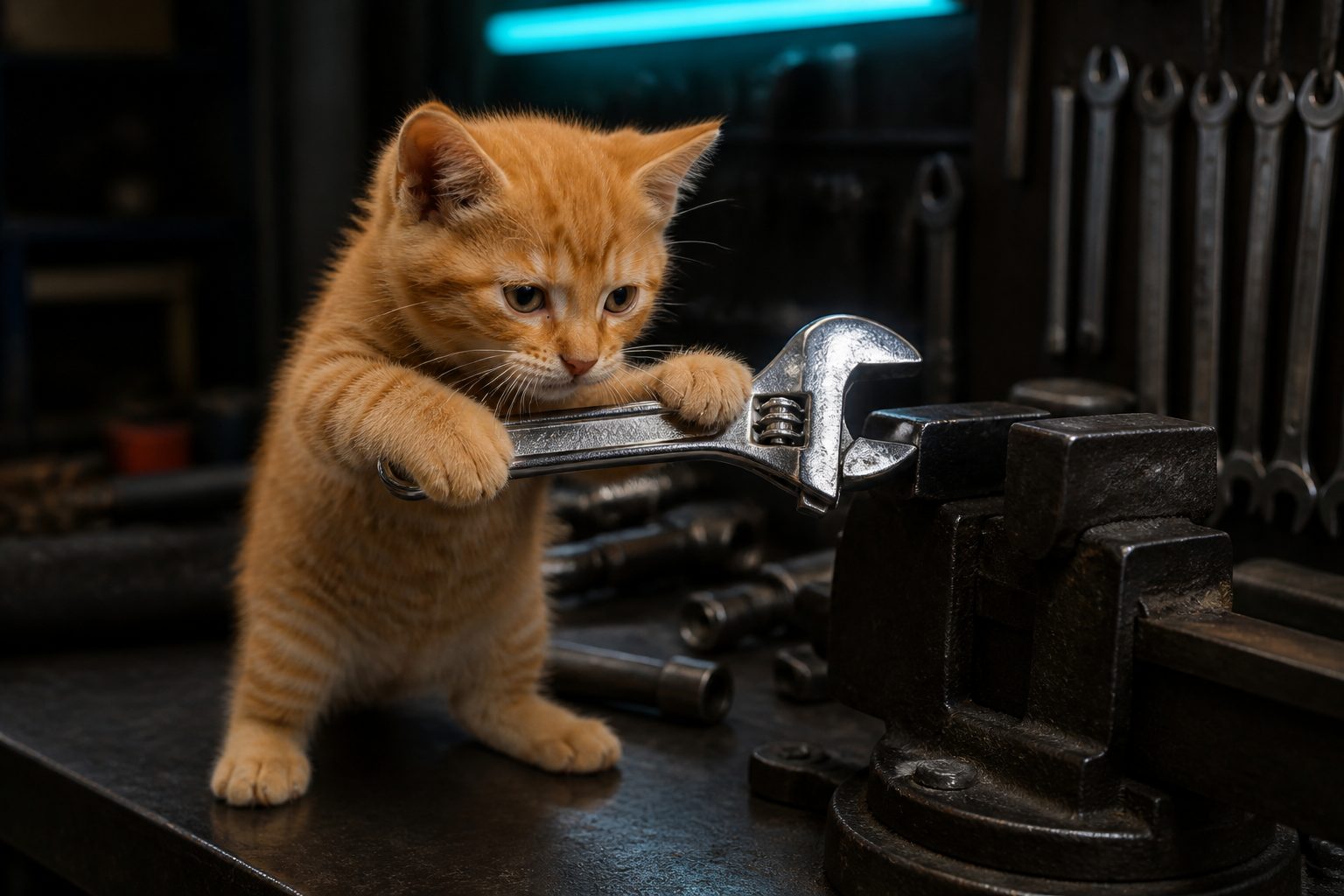 An orange tabby kitten gripping a chrome wrench