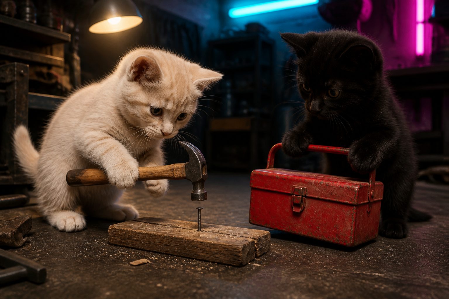 A cream kitten swinging a hammer and a black kitten holding a toolbox